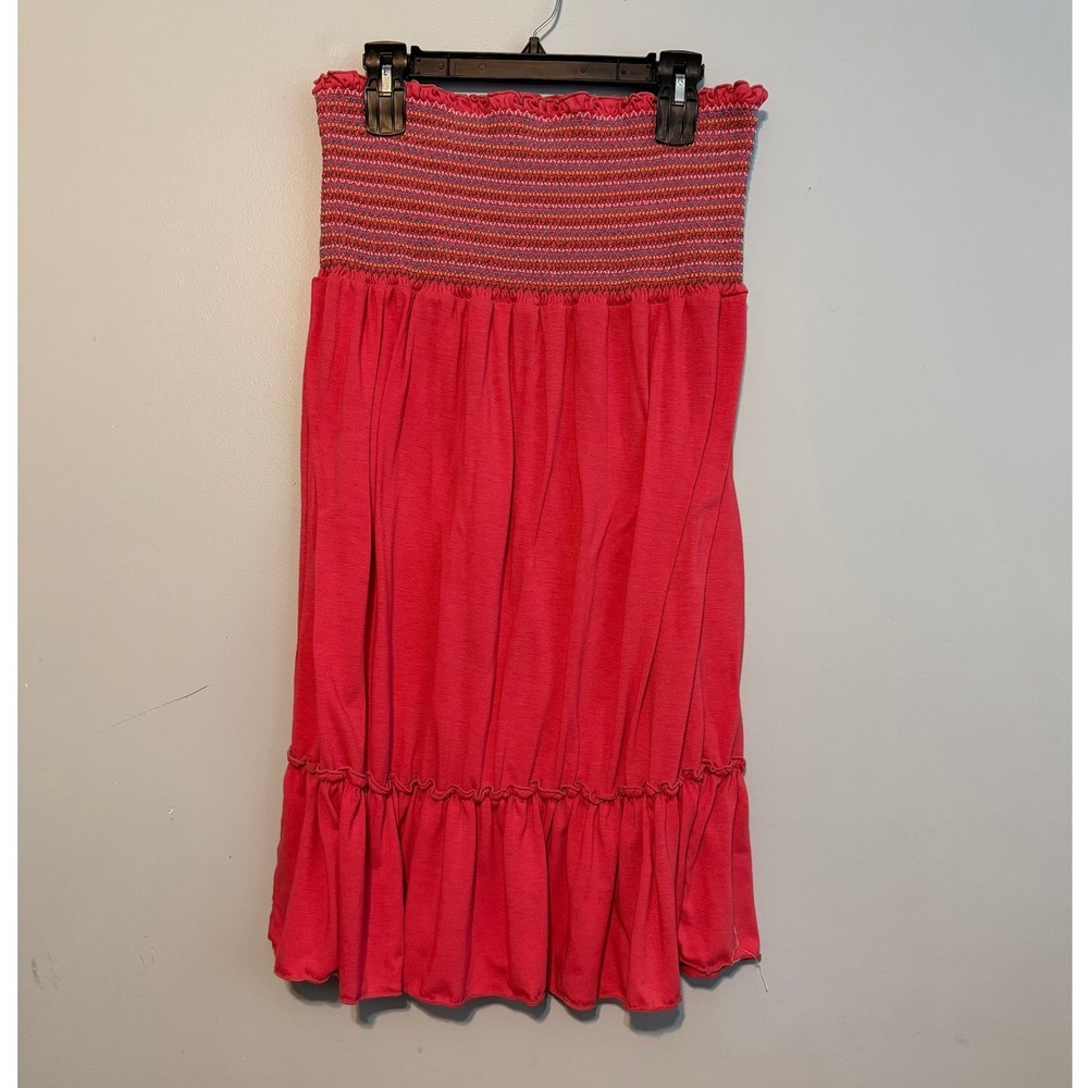 Mix & Co 1X Pink Smocked Strapless Tube Top Skirt Embroidered Ruffle Hem 1891